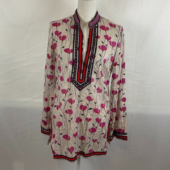 Tory Burch Tunic Top 8 Beige Purple Red Black Floral Embroidered Long Sleeve - Picture 1 of 12